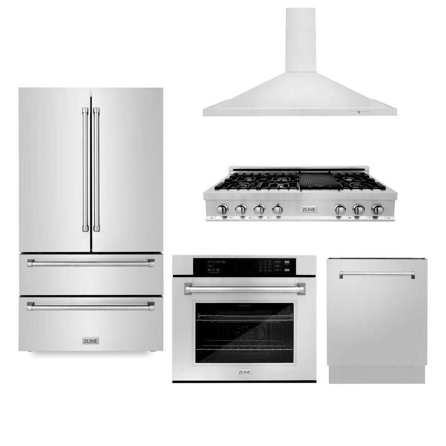 ZLINE Kitchen Package with Refrigeration, 48" Stainless Steel Rangetop, 48" Range Hood, 30" Single Wall Oven and 24" Tall Tub Dishwasher (5KPR-RTRH48-AWSDWV)