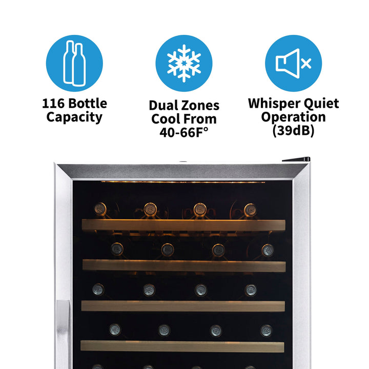 Newair 27” Built-in 116 Bottle Dual Zone Compressor Wine Fridge in Stainless Steel, Quiet Operation with Smooth Rolling Shelves (AWR-1160DB)