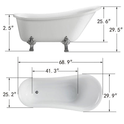 Vanity Art Freestanding White Acrylic 69-Inch Claw Foot Soaking Bathtub, VA6310-L
