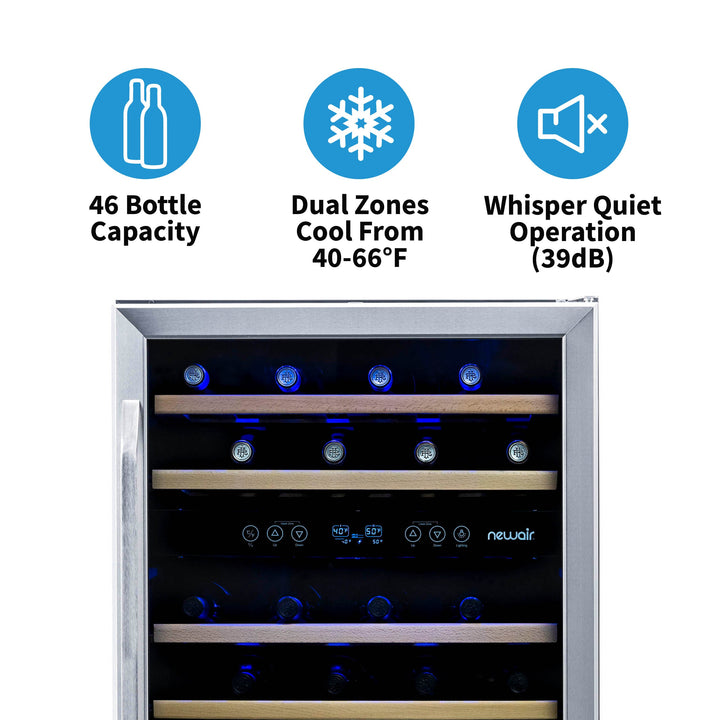 Newair  24” Built-in 46 Bottle Dual Zone Wine Fridge in Stainless Steel, Quiet Operation with Beech Wood Shelves