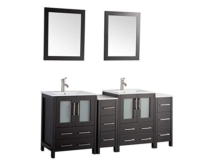 Vanity Art 72 in. Double Sink Vanity Cabinet with Ceramic Sink & Mirror - Espresso, VA3024-72E