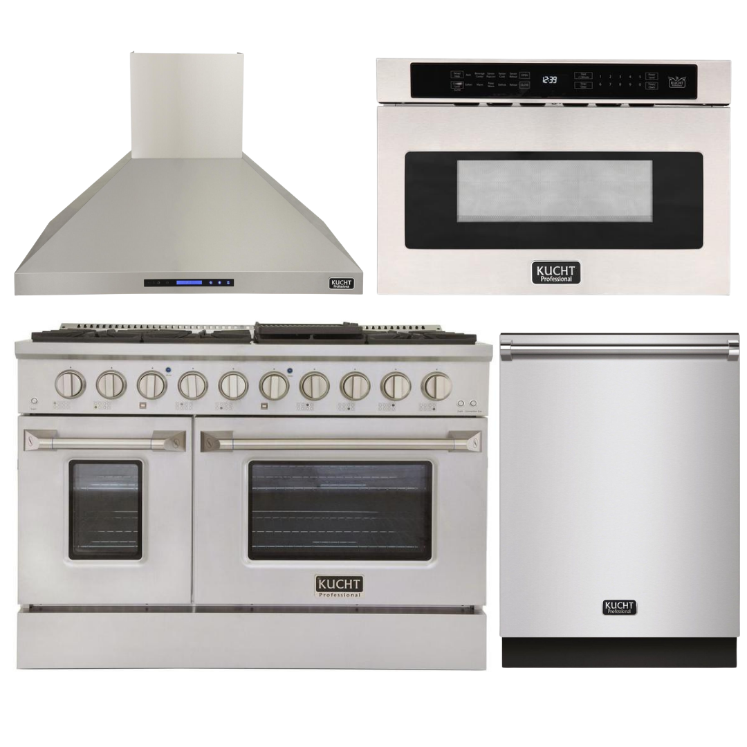 Kucht Professional 48 in. 6.7 cu ft. Natural Gas Range, Range Hood, Microwave Drawer, Dishwasher Package, AP-KNG481-S-4