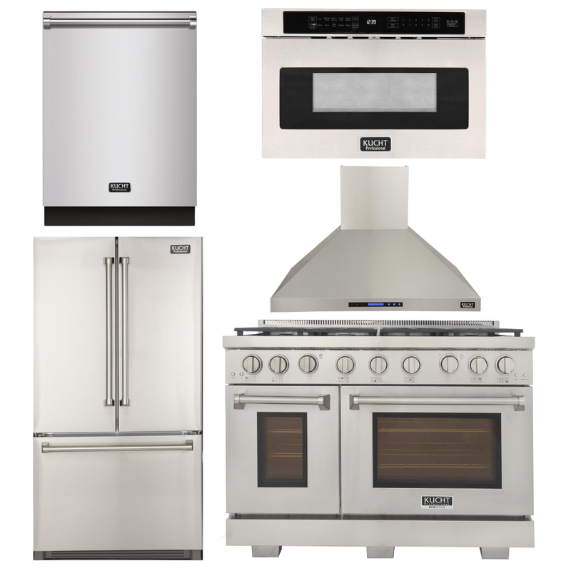 Kucht Appliance Package - 48 inch Natural Gas Range in Stainless Steel, Wall Range Hood, Refrigerator, Dishwasher, and Microwave Oven, AP-KFX480-7