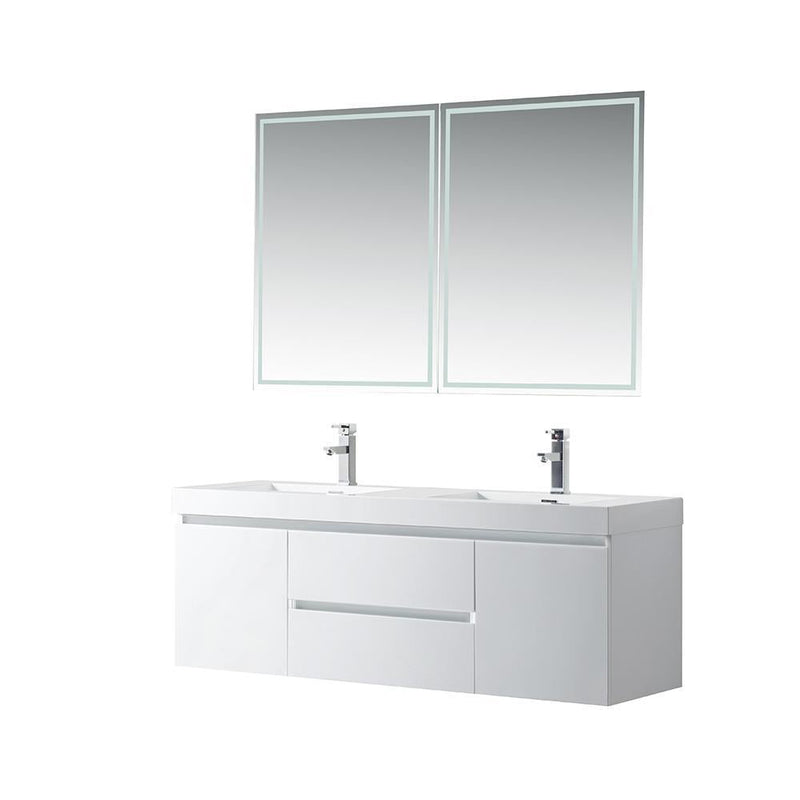 Vanity Art Glossy White Resin Top 60-inch Wall-hung Double Sink Bathroom Vanity