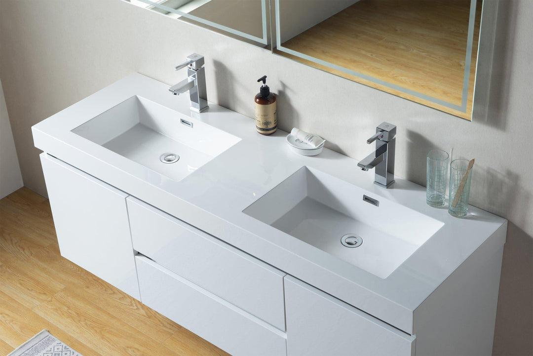 Vanity Art Glossy White Resin Top 60-inch Wall-hung Double Sink Bathroom Vanity