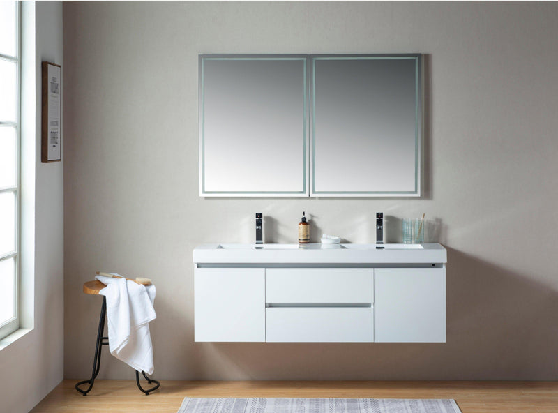 Vanity Art Glossy White Resin Top 60-inch Wall-hung Double Sink Bathroom Vanity