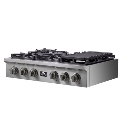 Forno Spezia 36 Inch Gas Cooktop, 6 Burners. Wok Ring and Grill/Griddle in Stainless Steel (FCTGS5751-36)