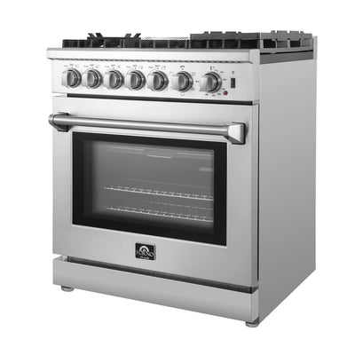 Forno Breno 30 Inch Dual Fuel Range with 5 Sealed Burner in Stainless Steel with Air Fryer & Reversible Griddle (FFSGS6196-30)