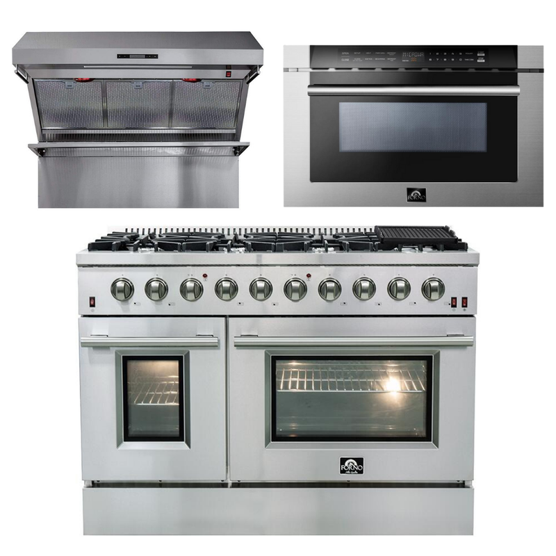 Forno Appliance Package - 48 Inch Gas Range, Wall Mount Range Hood, Microwave Drawer, AP-FFSGS6244-48-3