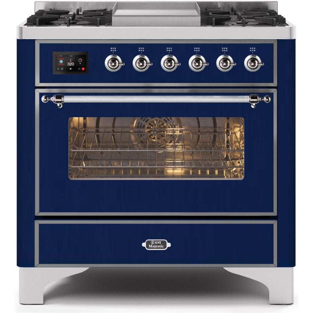 ILVE 36" Majestic II Series Freestanding Dual Fuel Single Oven Range with 6 Sealed Burners,  Triple Glass Cool Door, Convection Oven, TFT Oven Control Display, Child Lock and Griddle - UM09FDNS3