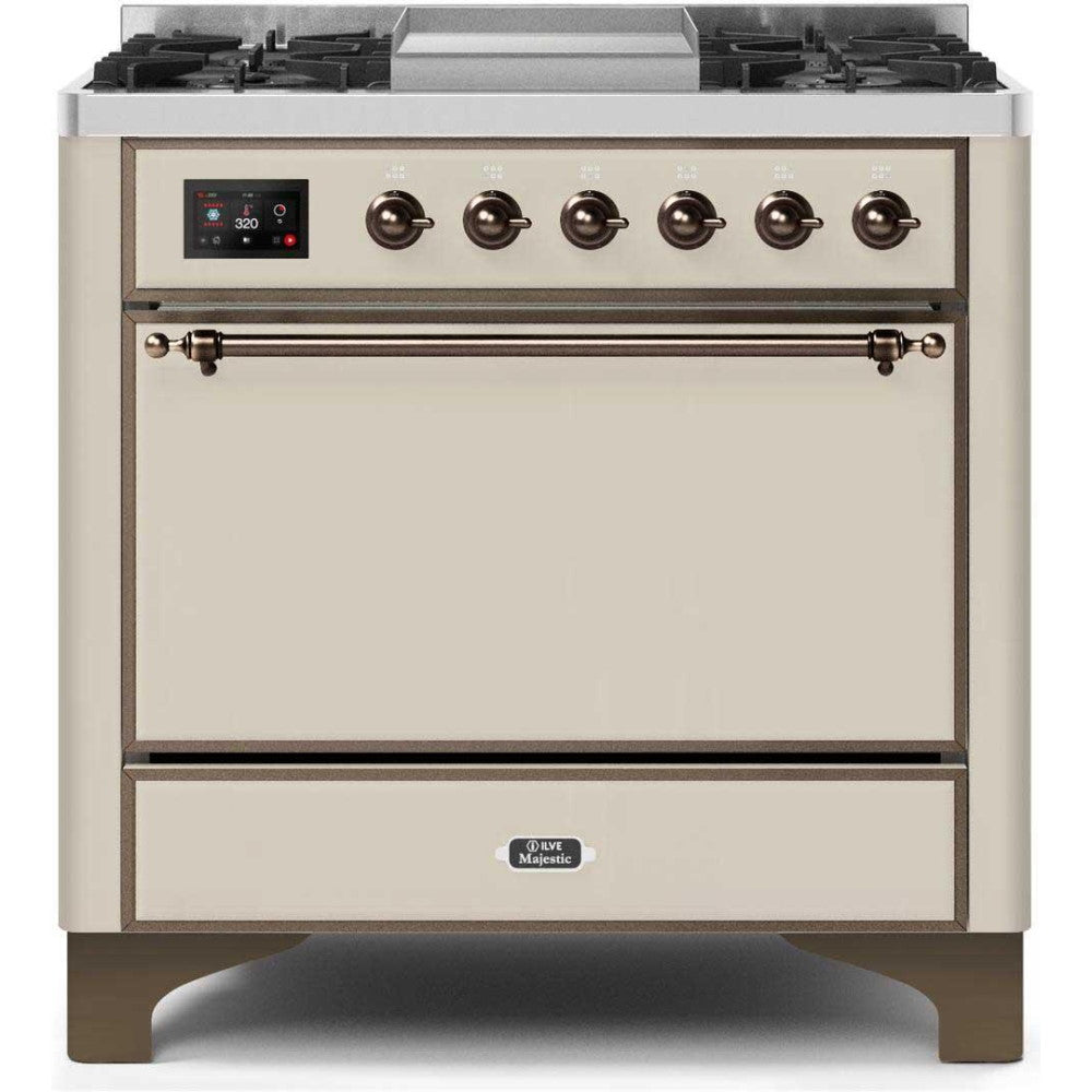 ILVE 36" Majestic II Series Freestanding Dual Fuel Single Oven Range with 6 Sealed Burners,  Solid Door, Convection Oven, TFT Oven Control Display, Child Lock and Griddle - UM09FDQ