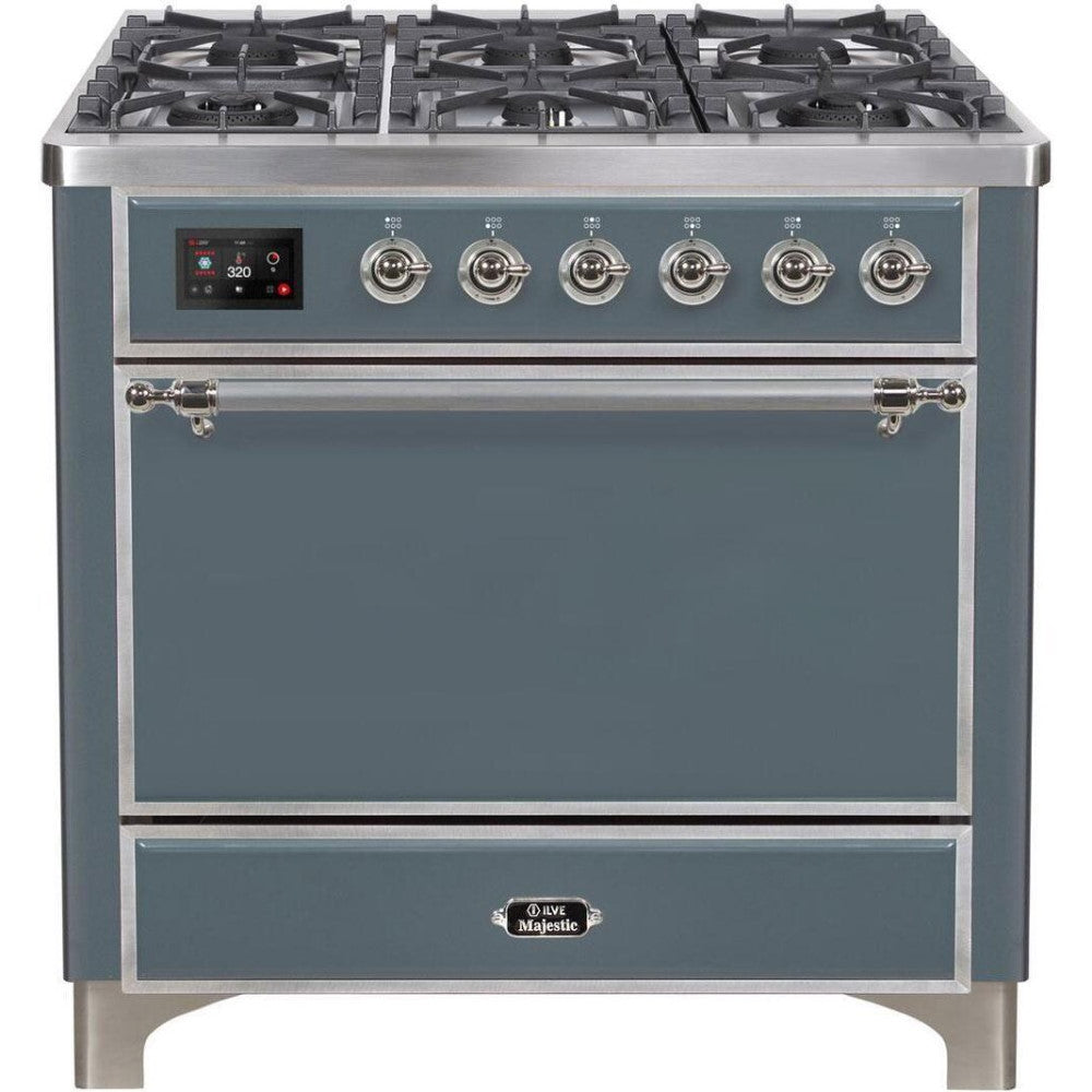 ILVE 36" Majestic II Series Freestanding Dual Fuel Single Oven Range with 6 Sealed Burners,  Solid Door, Convection Oven, TFT Oven Control Display, Child Lock and Griddle - UM09FDQ