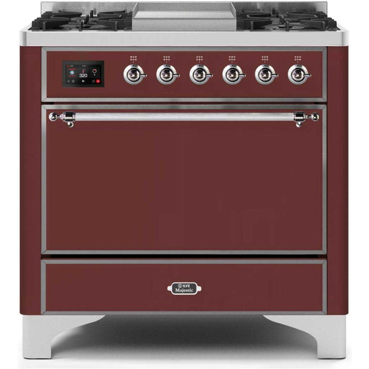 ILVE 36" Majestic II Series Freestanding Dual Fuel Single Oven Range with 6 Sealed Burners,  Solid Door, Convection Oven, TFT Oven Control Display, Child Lock and Griddle - UM09FDQ