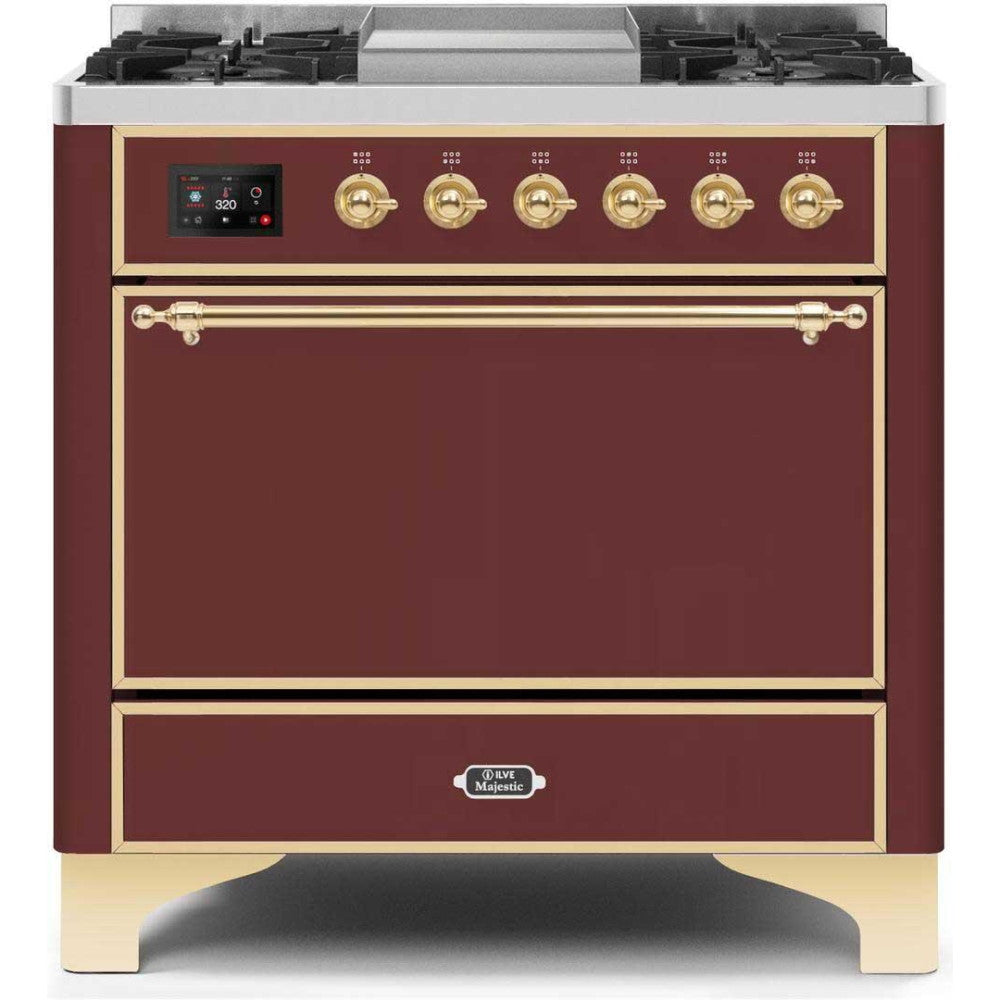 ILVE 36" Majestic II Series Freestanding Dual Fuel Single Oven Range with 6 Sealed Burners,  Solid Door, Convection Oven, TFT Oven Control Display, Child Lock and Griddle - UM09FDQ