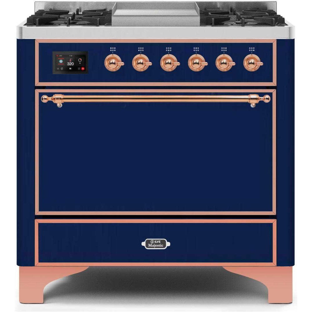 ILVE 36" Majestic II Series Freestanding Dual Fuel Single Oven Range with 6 Sealed Burners,  Solid Door, Convection Oven, TFT Oven Control Display, Child Lock and Griddle - UM09FDQ