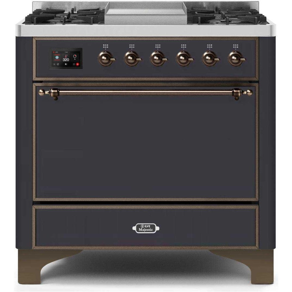 ILVE 36" Majestic II Series Freestanding Dual Fuel Single Oven Range with 6 Sealed Burners,  Solid Door, Convection Oven, TFT Oven Control Display, Child Lock and Griddle - UM09FDQ