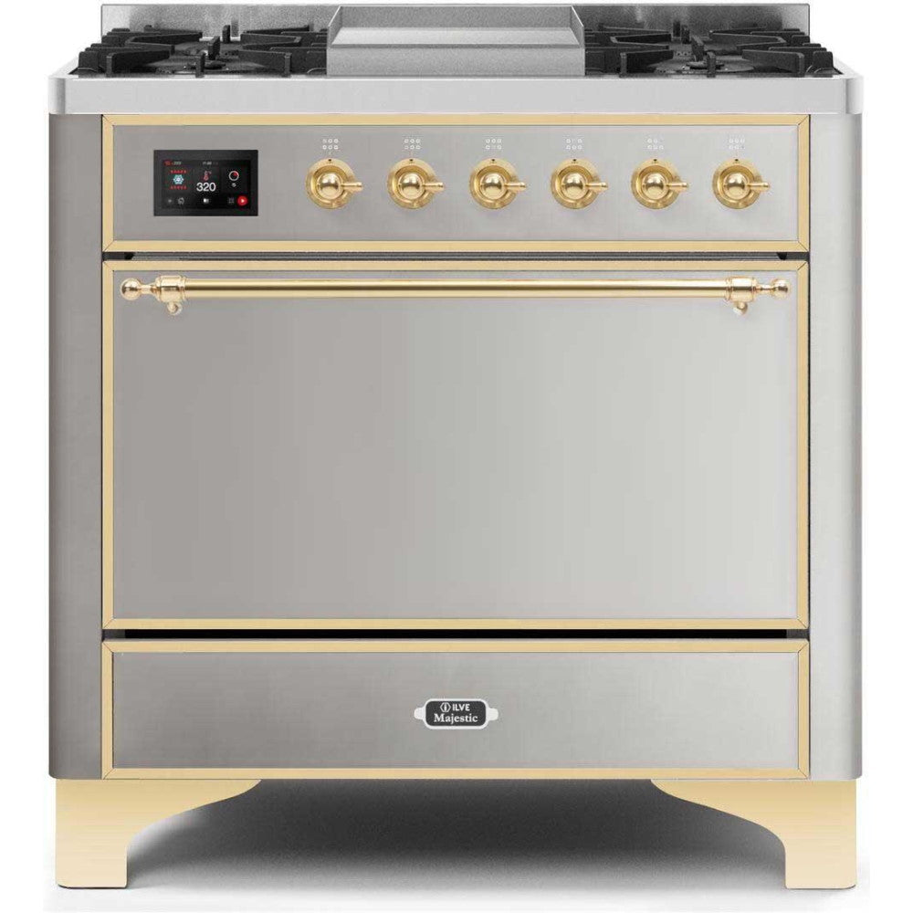 ILVE 36" Majestic II Series Freestanding Dual Fuel Single Oven Range with 6 Sealed Burners,  Solid Door, Convection Oven, TFT Oven Control Display, Child Lock and Griddle - UM09FDQ