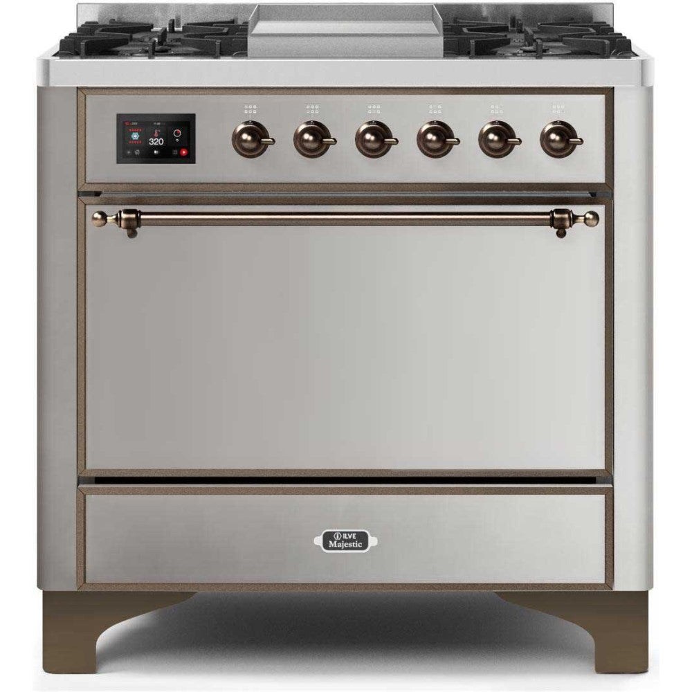 ILVE 36" Majestic II Series Freestanding Dual Fuel Single Oven Range with 6 Sealed Burners,  Solid Door, Convection Oven, TFT Oven Control Display, Child Lock and Griddle - UM09FDQ