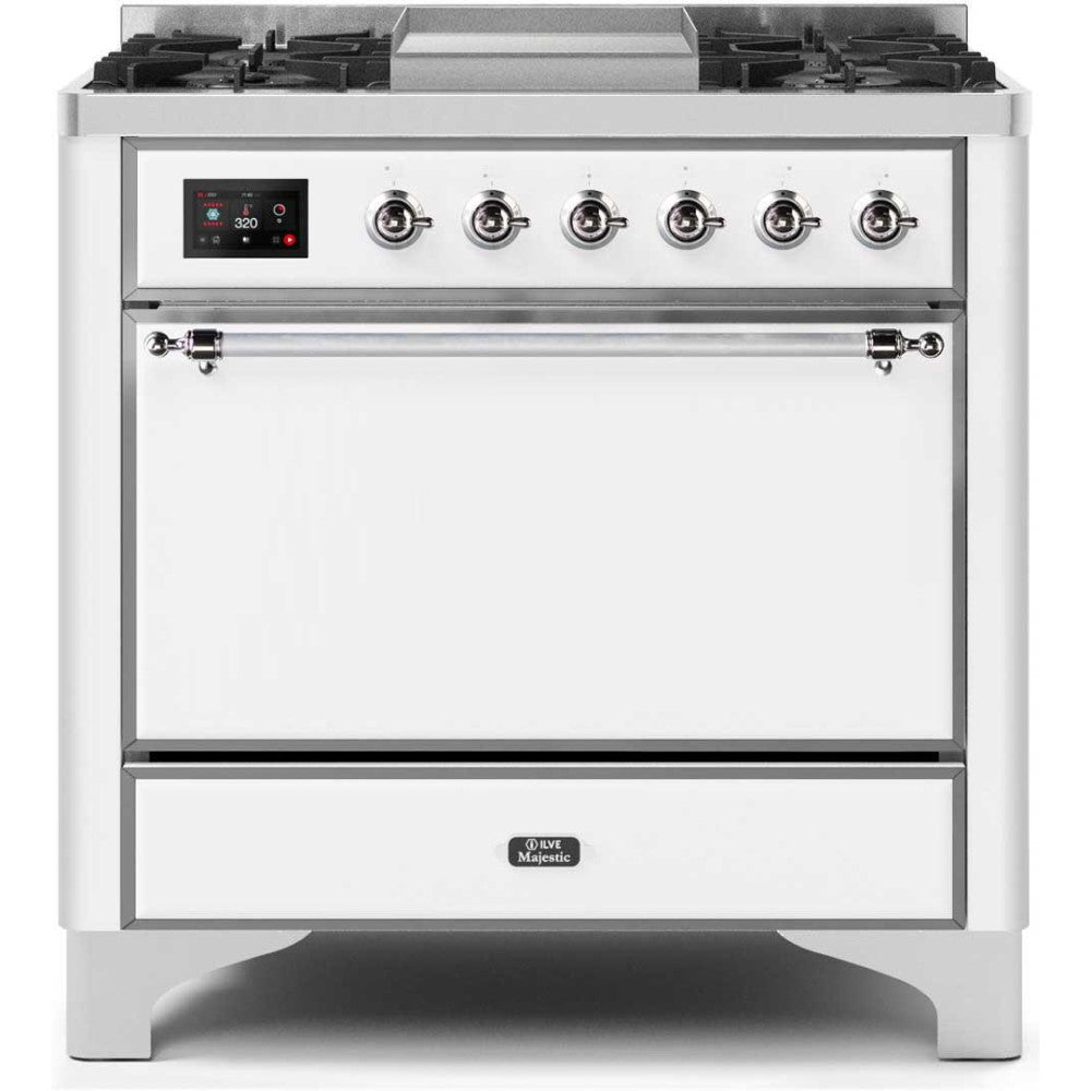 ILVE 36" Majestic II Series Freestanding Dual Fuel Single Oven Range with 6 Sealed Burners,  Solid Door, Convection Oven, TFT Oven Control Display, Child Lock and Griddle - UM09FDQ