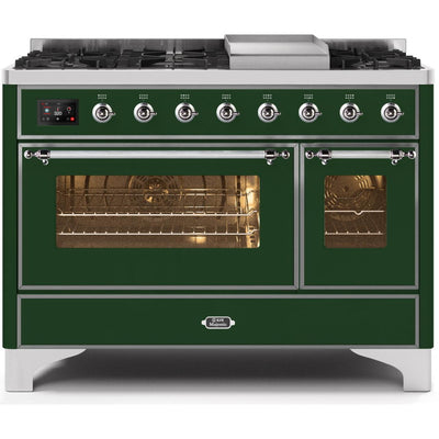 ILVE 48" Majestic II Series Freestanding Dual Fuel Double Oven Range with 8 Sealed Burners, Triple Glass Cool Door, Convection Oven, TFT Oven Control Display, Child Lock and Griddle - UM12FD