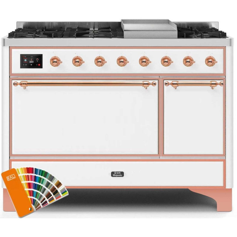 ILVE 48" Majestic II Series Freestanding Dual Fuel Double Oven Range with 8 Sealed Burners, Solid Door, Convection Oven, TFT Oven Control Display, Child Lock and Griddle - UM12FDQ