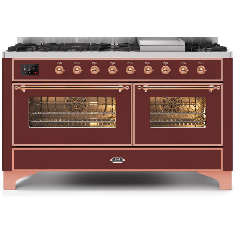 ILVE 60" Majestic II Series Freestanding Dual Fuel Double Oven Range with 8 Sealed Burners, Triple Glass Cool Door, Convection Oven, TFT Oven Control Display, Child Lock and Griddle - UM15F