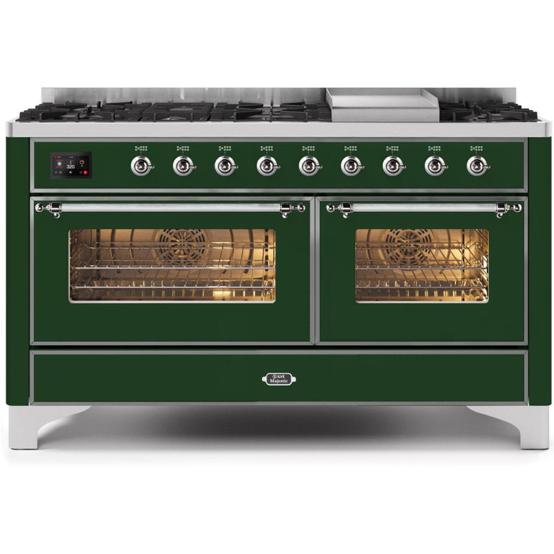 ILVE 60" Majestic II Series Freestanding Dual Fuel Double Oven Range with 8 Sealed Burners, Triple Glass Cool Door, Convection Oven, TFT Oven Control Display, Child Lock and Griddle - UM15F