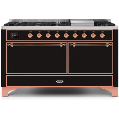 ILVE 60" Majestic II Series Freestanding Dual Fuel Double Oven Range with 8 Sealed Burners, Solid Door, Convection Oven, TFT Oven Control Display, Child Lock and Griddle - UM15FDQ