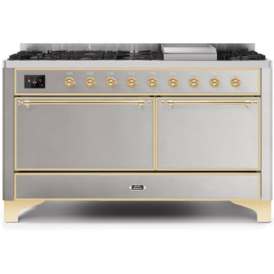 ILVE 60" Majestic II Series Freestanding Dual Fuel Double Oven Range with 8 Sealed Burners, Solid Door, Convection Oven, TFT Oven Control Display, Child Lock and Griddle - UM15FDQ