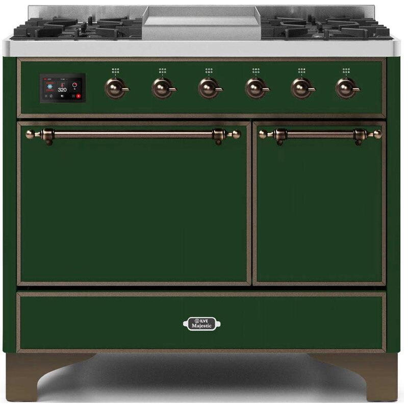 ILVE 40" Majestic II Series Freestanding Dual Fuel Double Oven Range with 6 Sealed Burners, Solid Door, Convection Oven, TFT Oven Control Display, Child Lock and Griddle - UMD10FDQ