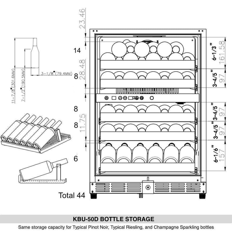 Kings Bottle KBU50DX 44 Bottles 24 inch Under Counter Dual Zone Wine Cooler