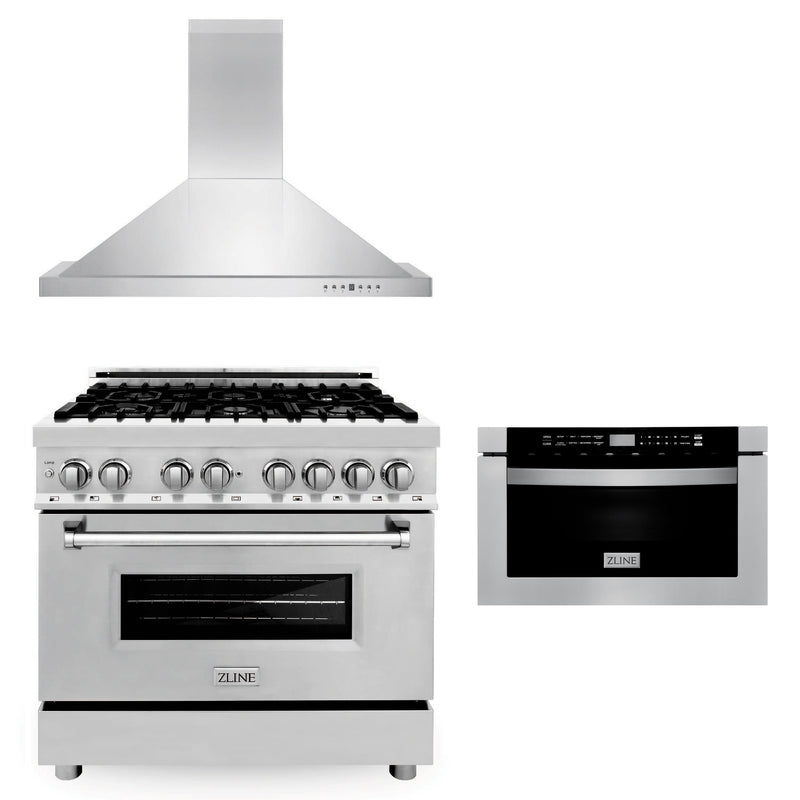 ZLINE 36" Kitchen Package with Stainless Steel Dual Fuel Range, Convertible Vent Range Hood and Microwave Drawer (3KP-RARH36-MW)