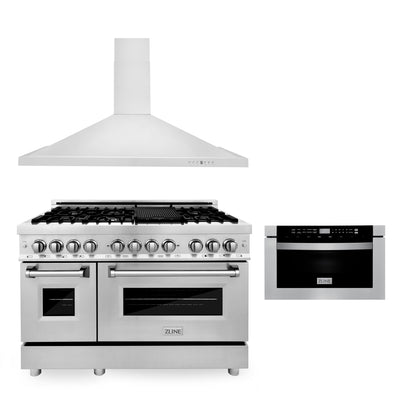 ZLINE 48" Kitchen Package with Stainless Steel Dual Fuel Range, Convertible Vent Range Hood and Microwave Drawer (3KP-RARH48-MW)