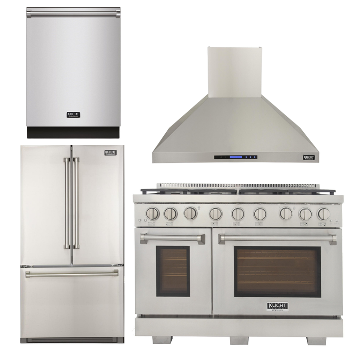 Kucht Appliance Package - 48 inch Natural Gas Range in Stainless Steel, Wall Range Hood, Refrigerator, Dishwasher, AP-KFX480-5