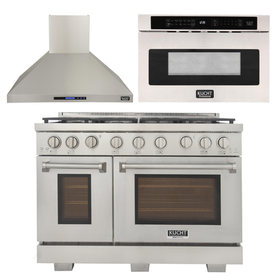 Kucht Appliance Package - 48 inch Gas Range in Stainless Steel, Wall Range Hood, Microwave Drawer, AP-KFX480-3