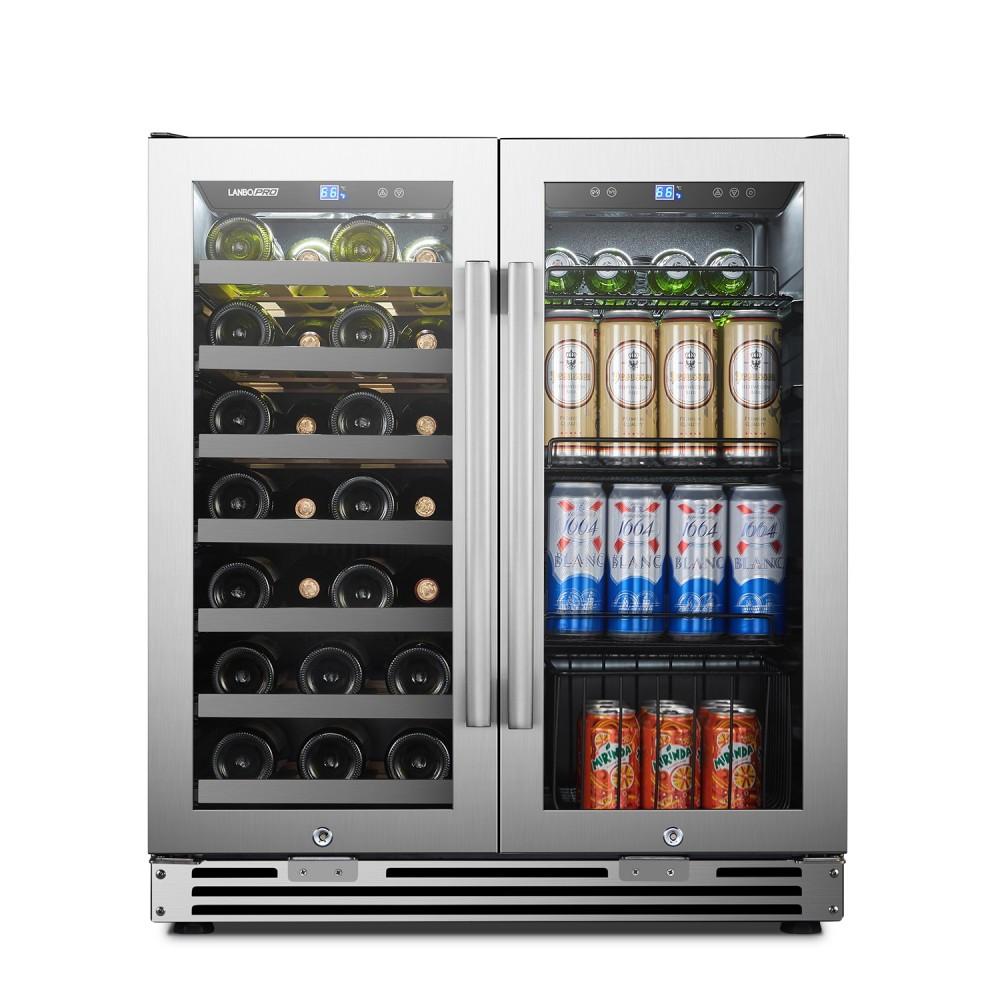 LanboPro LP66B Stainless Steel Dual Zone Wine and Beverage Combo Cooler - 31 Bottles / 58 Cans