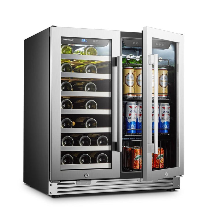 LanboPro LP66B Stainless Steel Dual Zone Wine and Beverage Combo Cooler - 31 Bottles / 58 Cans