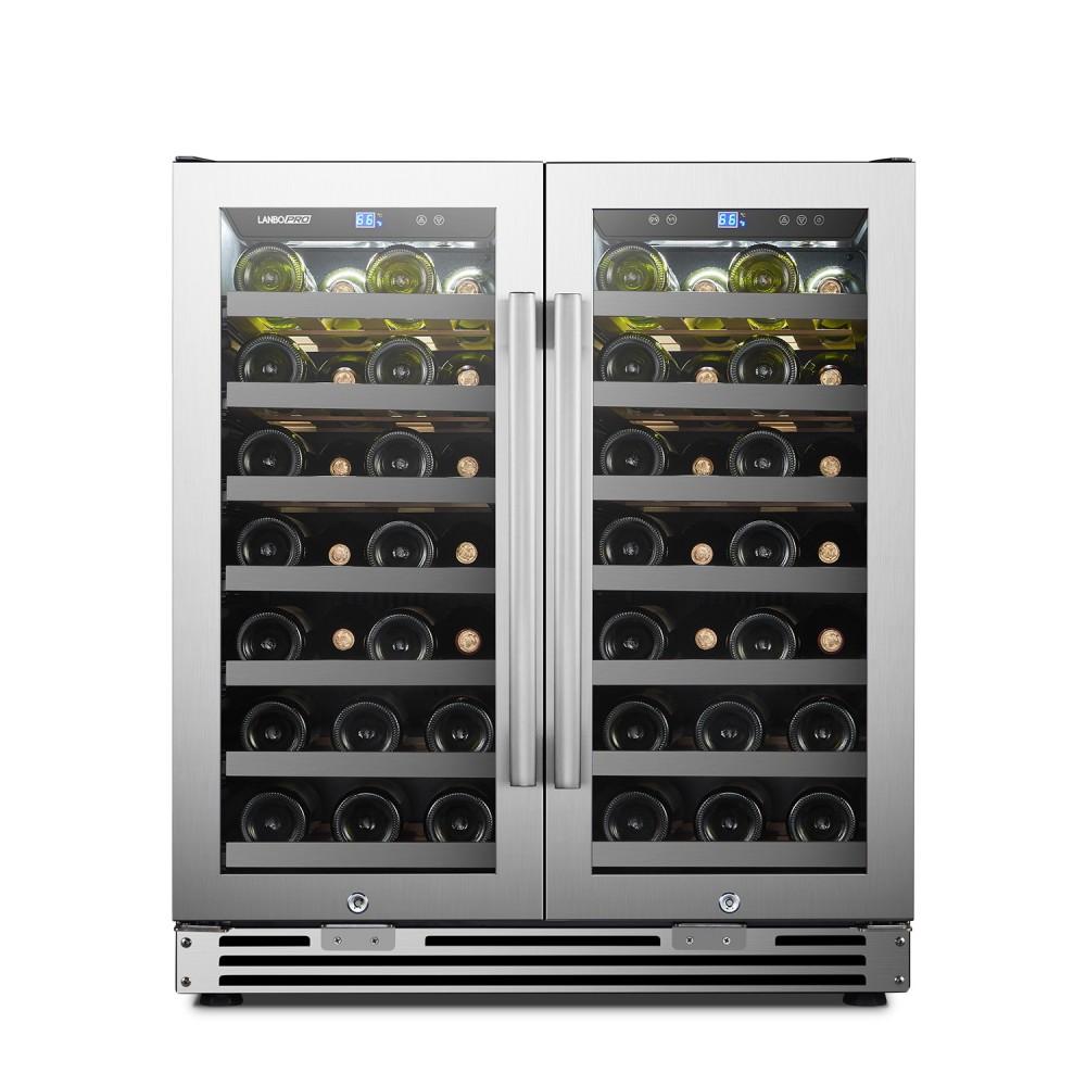 LanboPro LP66D Stainless Steel Dual Zone Wine Cooler - Seamless Stainless Steel French Doors - 62 Bottle Capacity