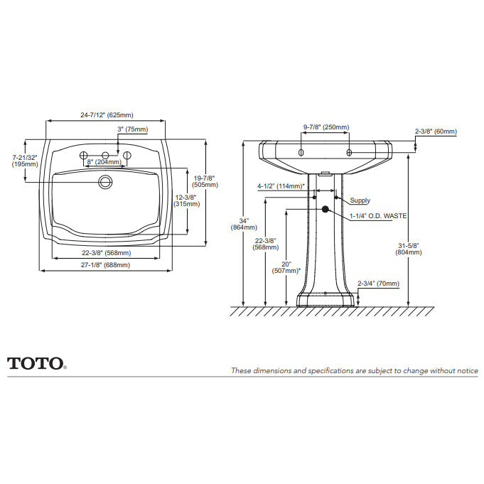 TOTO Guinevere 27.13" x 19.88" Pedestal Lavatory - LPT970