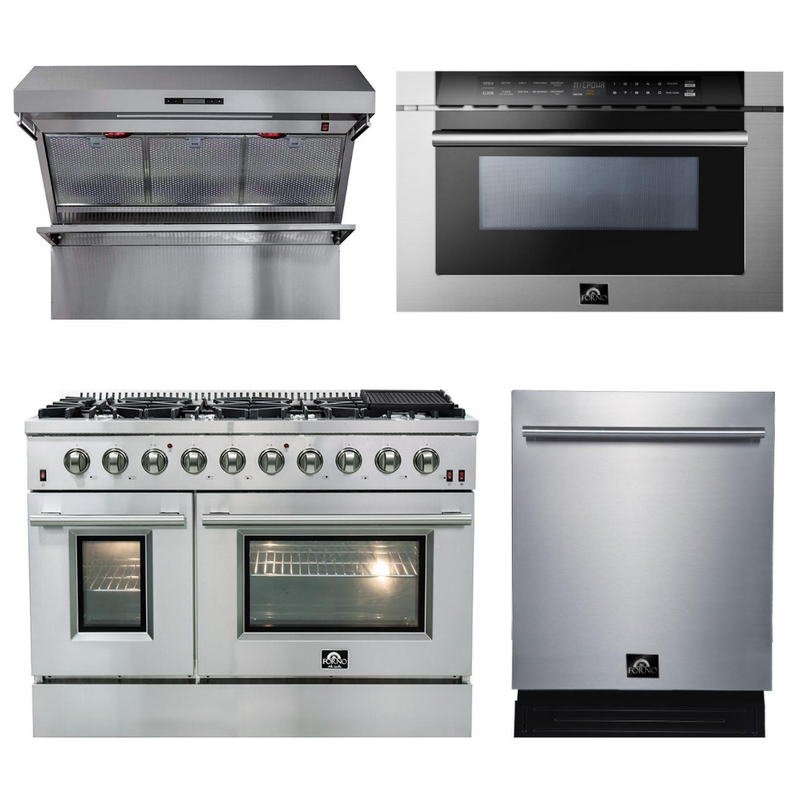 Forno Appliance Package - 48 Inch Gas Range, Wall Mount Range Hood, Microwave Drawer, Dishwasher, AP-FFSGS6244-48-6