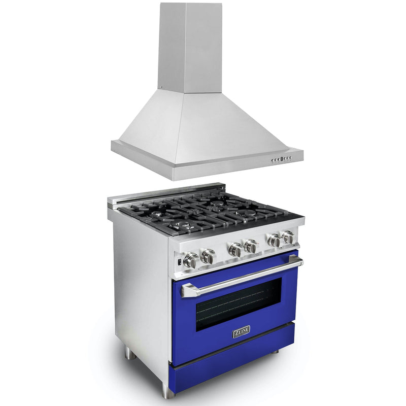 ZLINE 30" Kitchen Package with Stainless Steel Dual Fuel Range with Blue Gloss Door and Convertible Vent Range Hood (2KP-RABGRH30)
