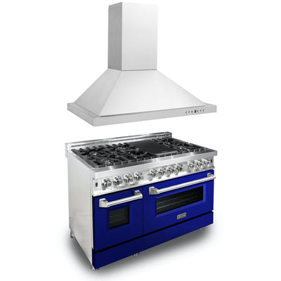 ZLINE 48" Kitchen Package with Stainless Steel Dual Fuel Range with Blue Gloss Door and Convertible Vent Range Hood (2KP-RABGRH48)