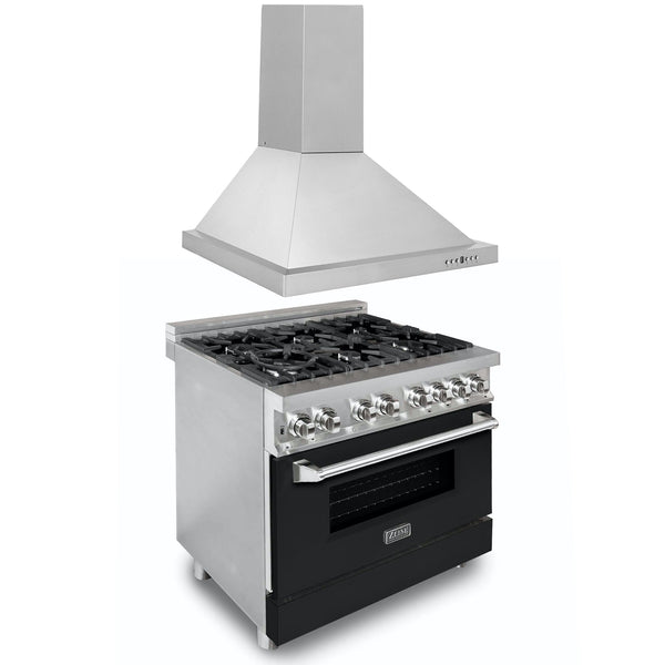 ZLINE 36" Kitchen Package with Stainless Steel Dual Fuel Range with Black Matte Door and Convertible Vent Range Hood (2KP-RABLMRH36)