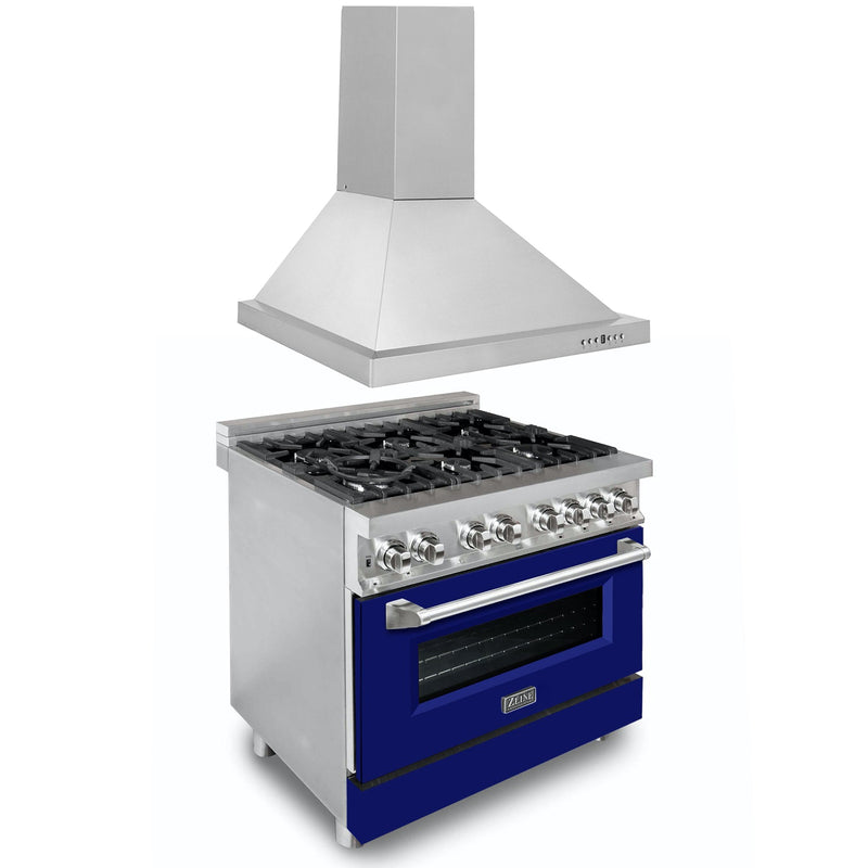 ZLINE 36" Kitchen Package with Stainless Steel Dual Fuel Range with Blue Matte Door and Convertible Vent Range Hood (2KP-RABMRH36)