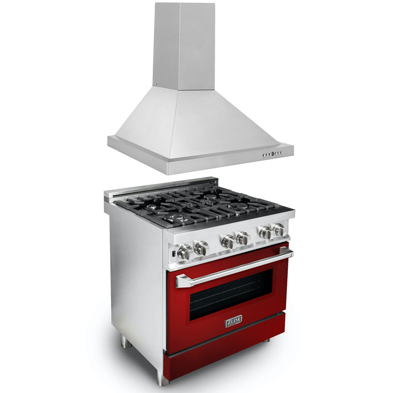 ZLINE 30" Kitchen Package with Stainless Steel Dual Fuel Range with Red Gloss Door and Convertible Vent Range Hood (2KP-RARGRH30)