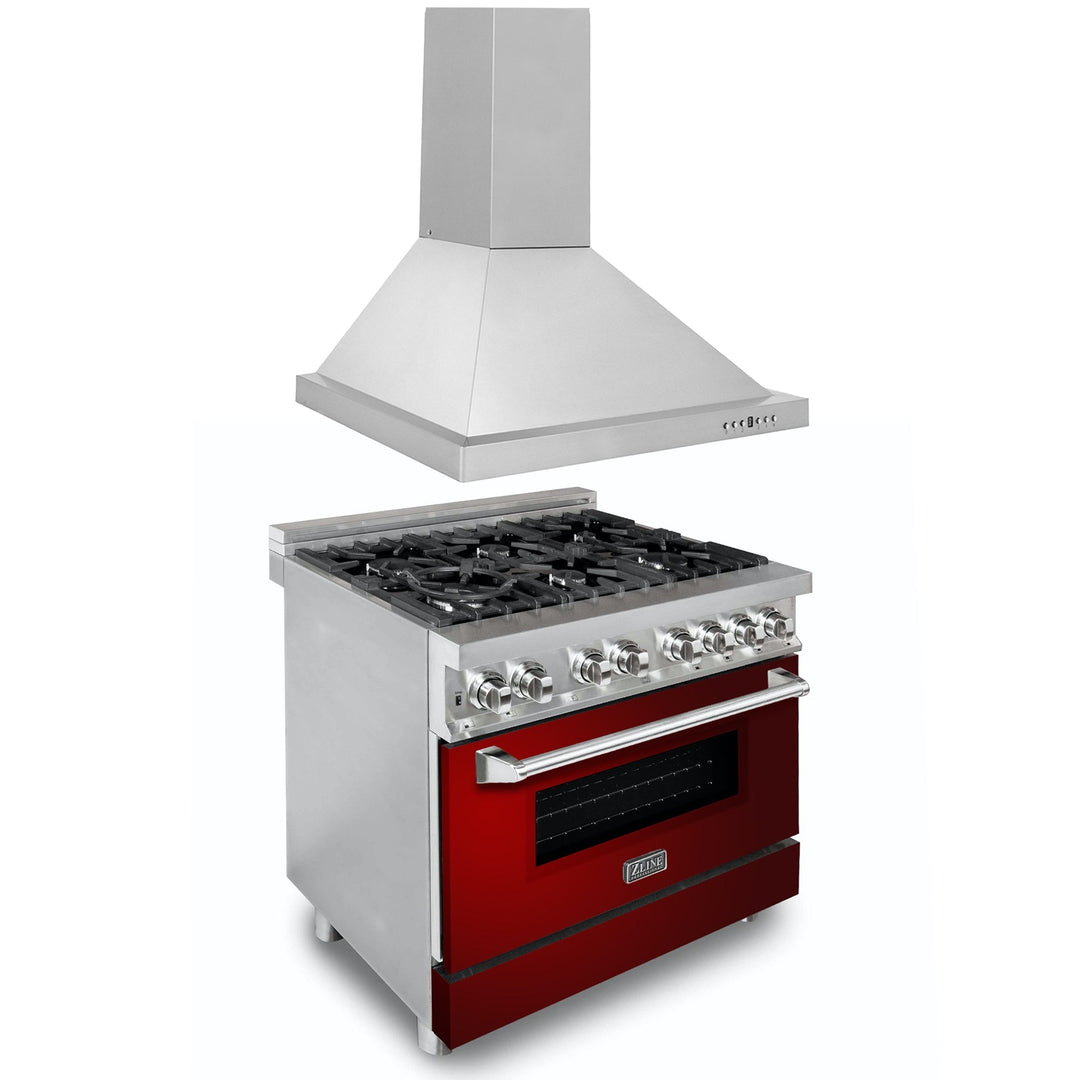 ZLINE 36" Kitchen Package with Stainless Steel Dual Fuel Range with Red Gloss Door and Convertible Vent Range Hood (2KP-RARGRH36)