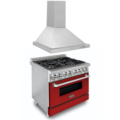 ZLINE 36" Kitchen Package with DuraSnow® Stainless Steel Dual Fuel Range with Red Matte Door and Convertible Vent Range Hood (2KP-RARMRH36)