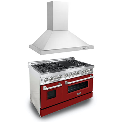 ZLINE 48" Kitchen Package with DuraSnow® Stainless Steel Dual Fuel Range with Red Matte Door and Convertible Vent Range Hood (2KP-RARMRH48)