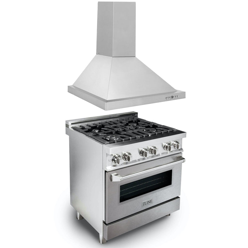 ZLINE 30" Kitchen Package with Stainless Steel Dual Fuel Range with DuraSnow® Door and Convertible Vent Range Hood (2KP-RASNRH30)
