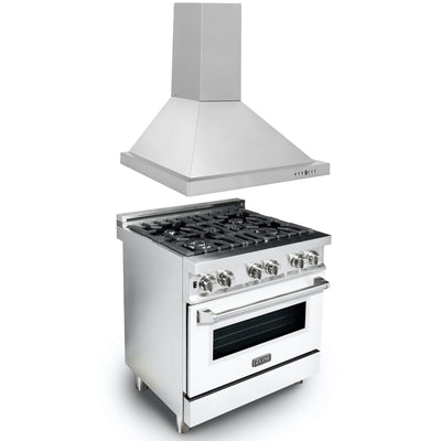 ZLINE 30" Kitchen Package with Stainless Steel Dual Fuel Range with White Matte Door and Convertible Vent Range Hood (2KP-RAWMRH30)